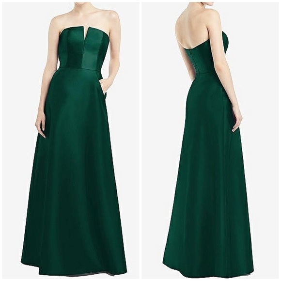 NWT Alfred Sung Strapless Notch Satin Twill Gown Bridesmaid Dress Hunter Green - Picture 1 of 11